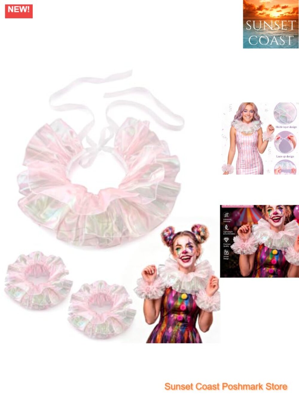 Iridescent Ruffle Collar and Wrist Cuffs Set Victorian Clown Costume Accessory